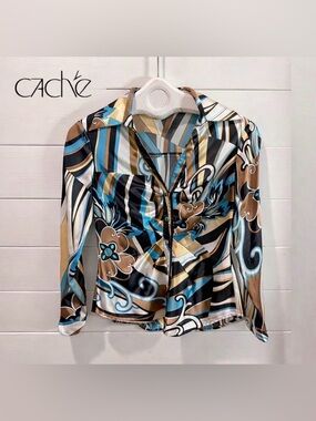 CACHE Blouse – Size S – Bold Retro Print in Blue, Gold & Black vintage